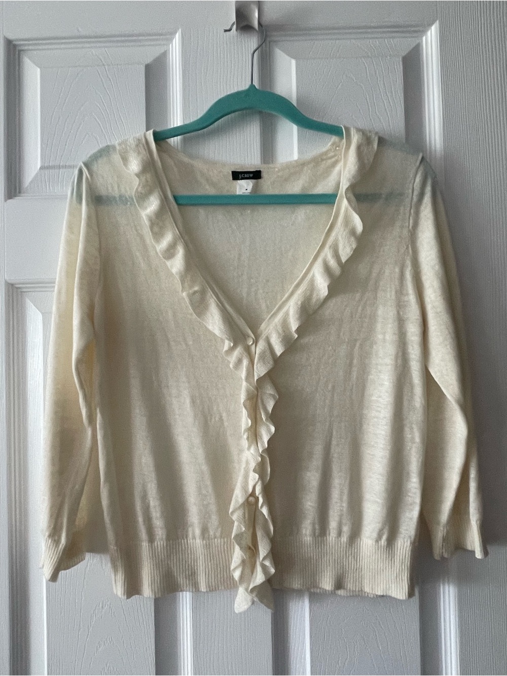 J. Crew Cream Ruffle-Front V-Neck Cardigan